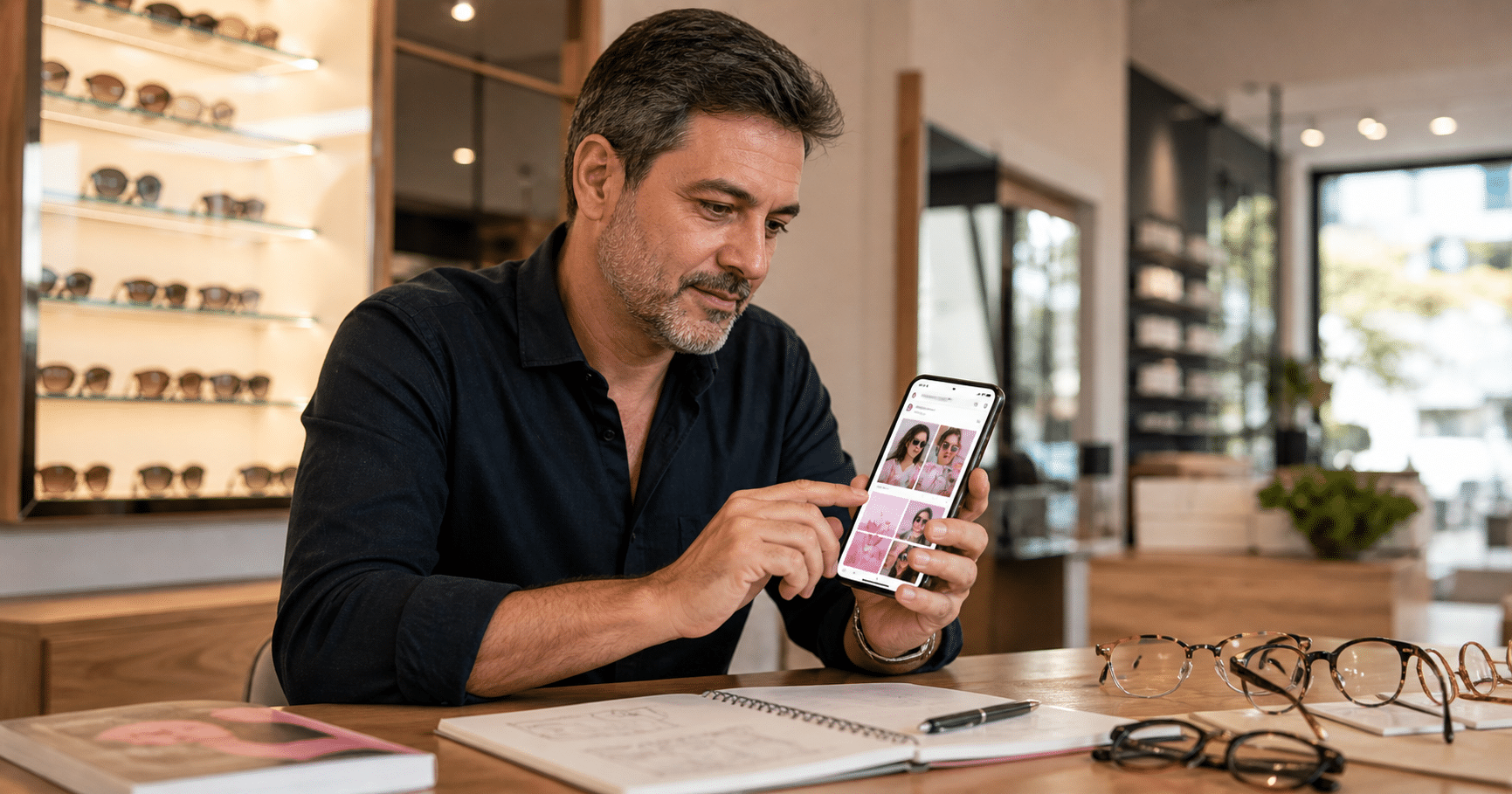 dono de ótica planejando campanha de Dia das Mães com posts e anúncios no celular