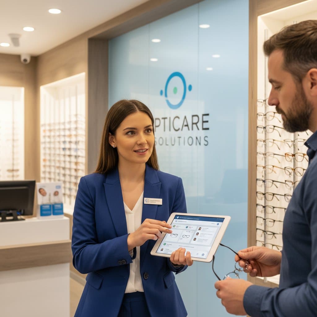 vendedora de ótica usando tablet com sistema de gestão durante atendimento ao cliente