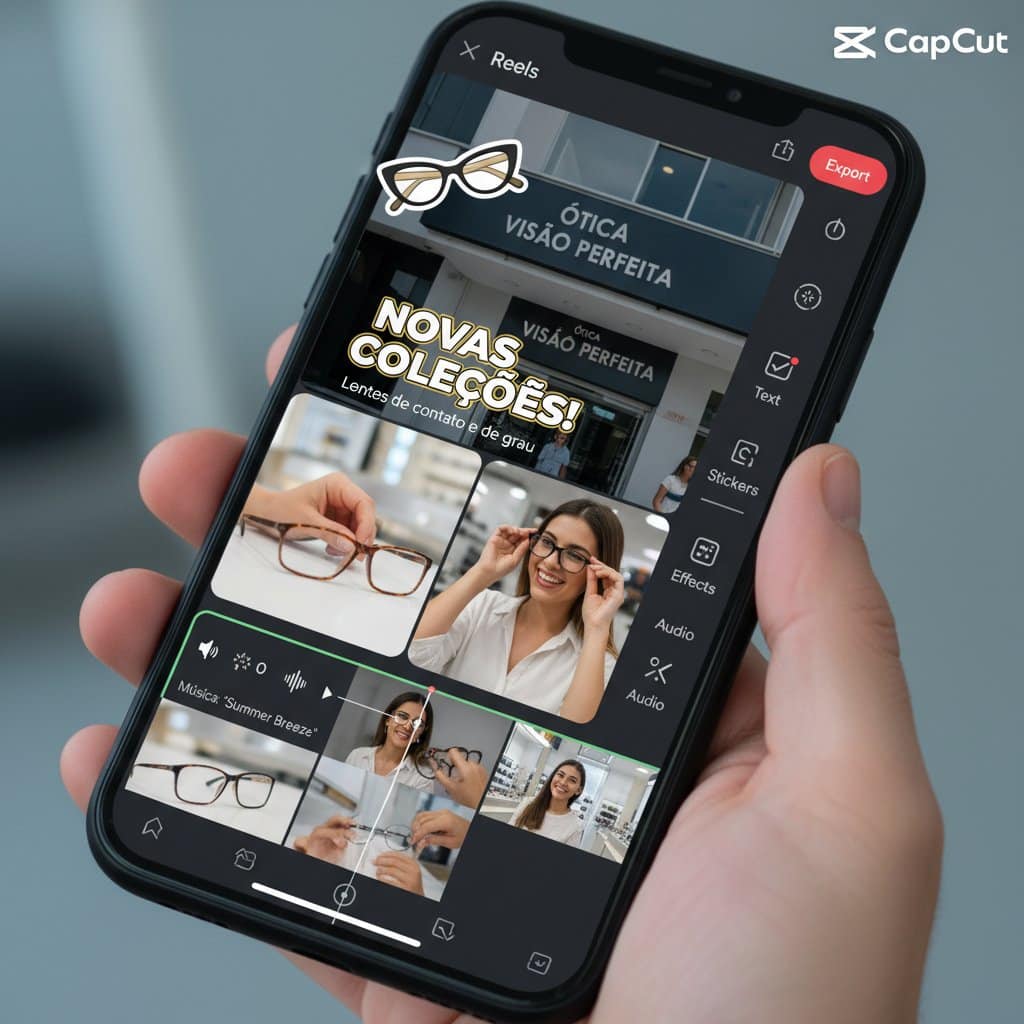 tela de celular com edição de reels para ótica no aplicativo CapCut