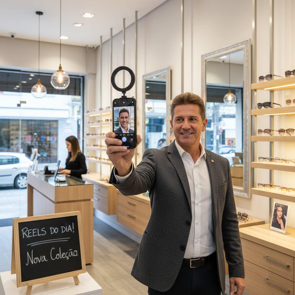 dono de ótica gravando reels com smartphone na loja