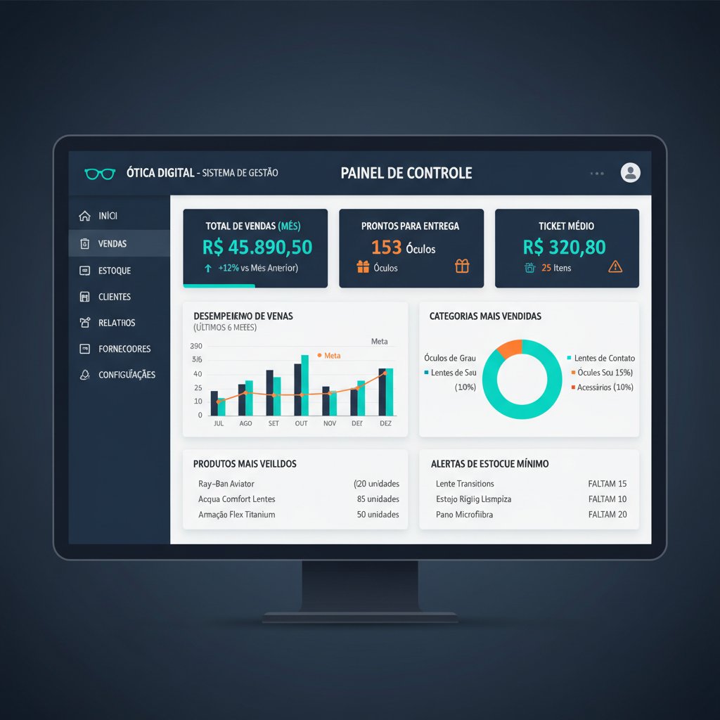 tela de dashboard de sistema de gestão para ótica com dados de vendas e estoque