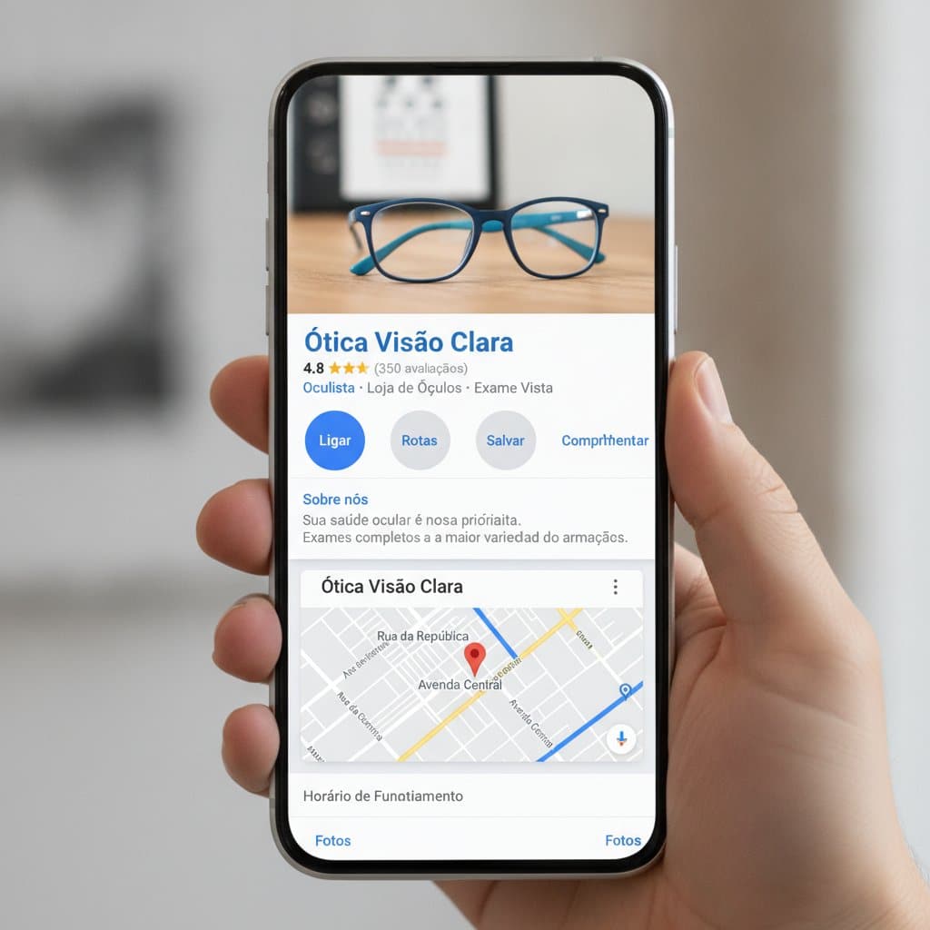 perfil de ótica no Google Meu Negócio exibido no celular com mapa