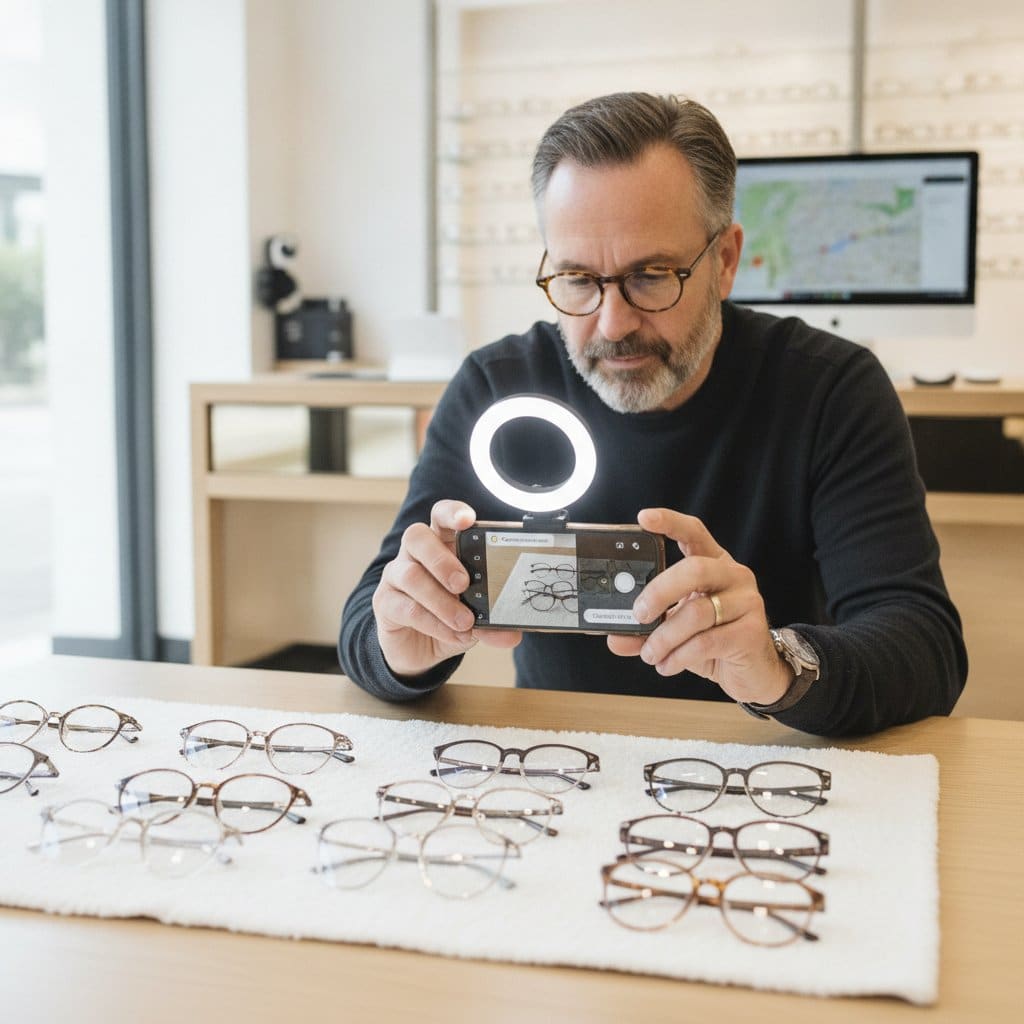 dono de ótica fotografando armações para o perfil no Google Maps