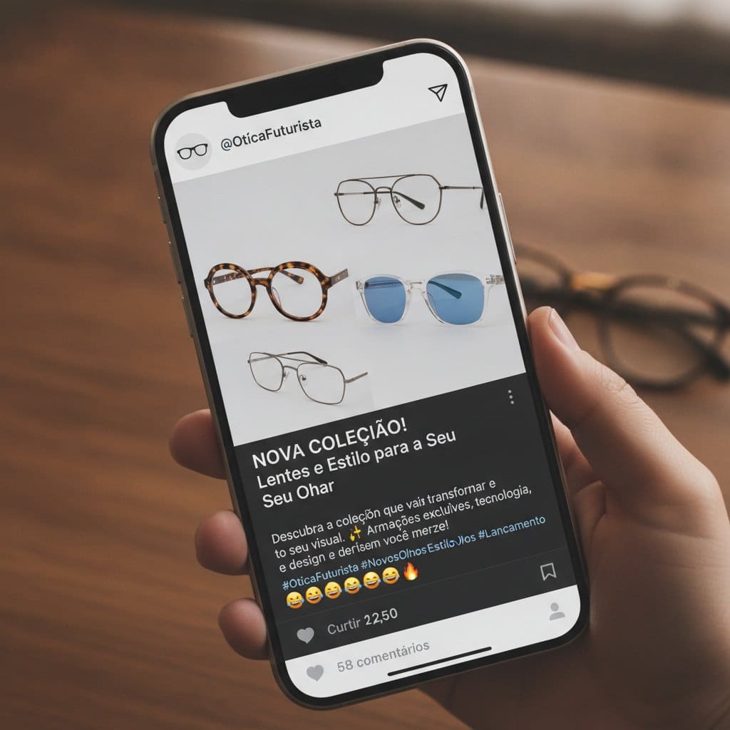 celular exibindo post de lançamento de coleção de óculos no Instagram de uma ótica