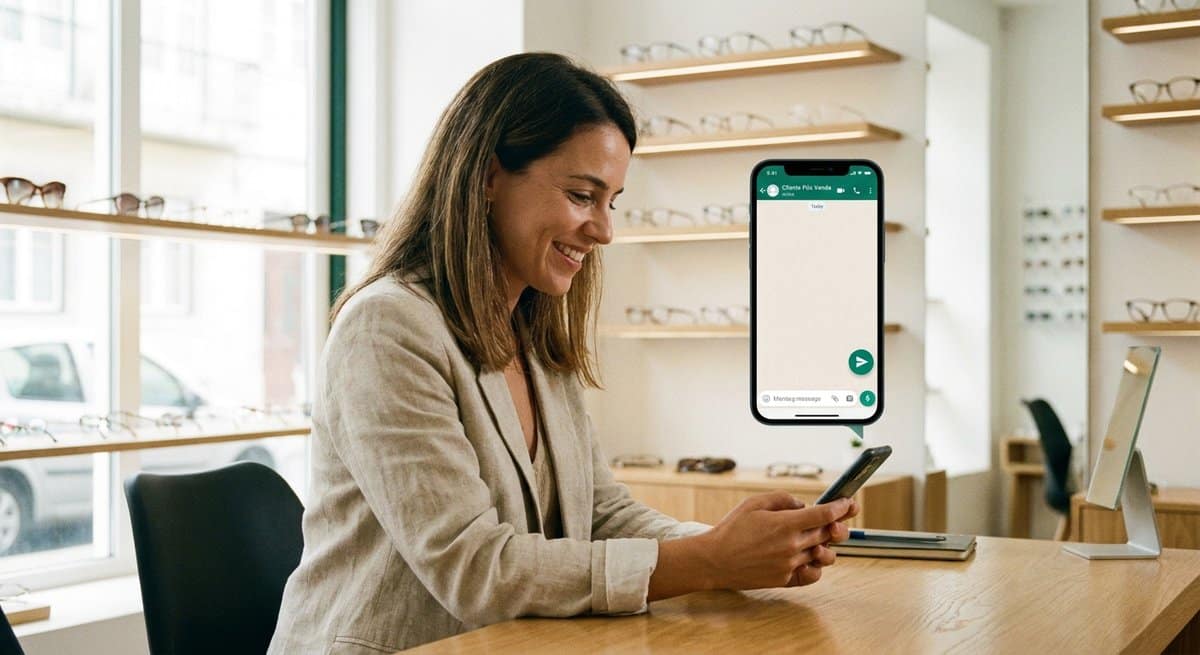atendente de ótica enviando mensagem de pós-venda pelo WhatsApp para cliente